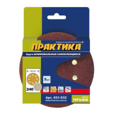 Круги шлифовальные на липкой основе ПРАКТИКА 8 отверстий, 125 мм P240 (5шт.) картонный подвес 031-532 Круги шлифовальные на липкой основе ПРАКТИКА 8 отверстий, 125 мм P240 (5шт.) картонный подвес 031-532