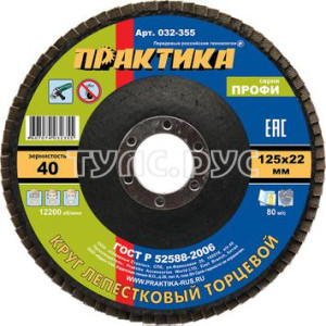Круг лепестковый шлифовальный ПРАКТИКА 125 х 22 мм Р 40 (1шт.) серия Профи 032-355