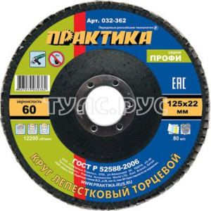 Круг лепестковый шлифовальный ПРАКТИКА 125 х 22 мм Р 60 (1шт.) серия Профи 032-362