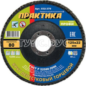 Круг лепестковый шлифовальный ПРАКТИКА 125 х 22 мм Р 80 (1шт.) серия Профи 032-379
