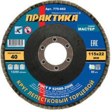 Круг лепестковый шлифовальный ПРАКТИКА 115 х 22 мм Р 40 (1шт.) , серия Мастер 775-662 Круг лепестковый шлифовальный ПРАКТИКА 115 х 22 мм Р 40 (1шт.) , серия Мастер 775-662